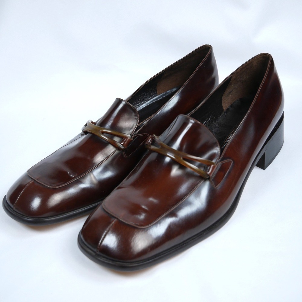 Via Spiga Men 11 Dark Brown Leather Square Toe Block Heel Loafers Made in Italy‎